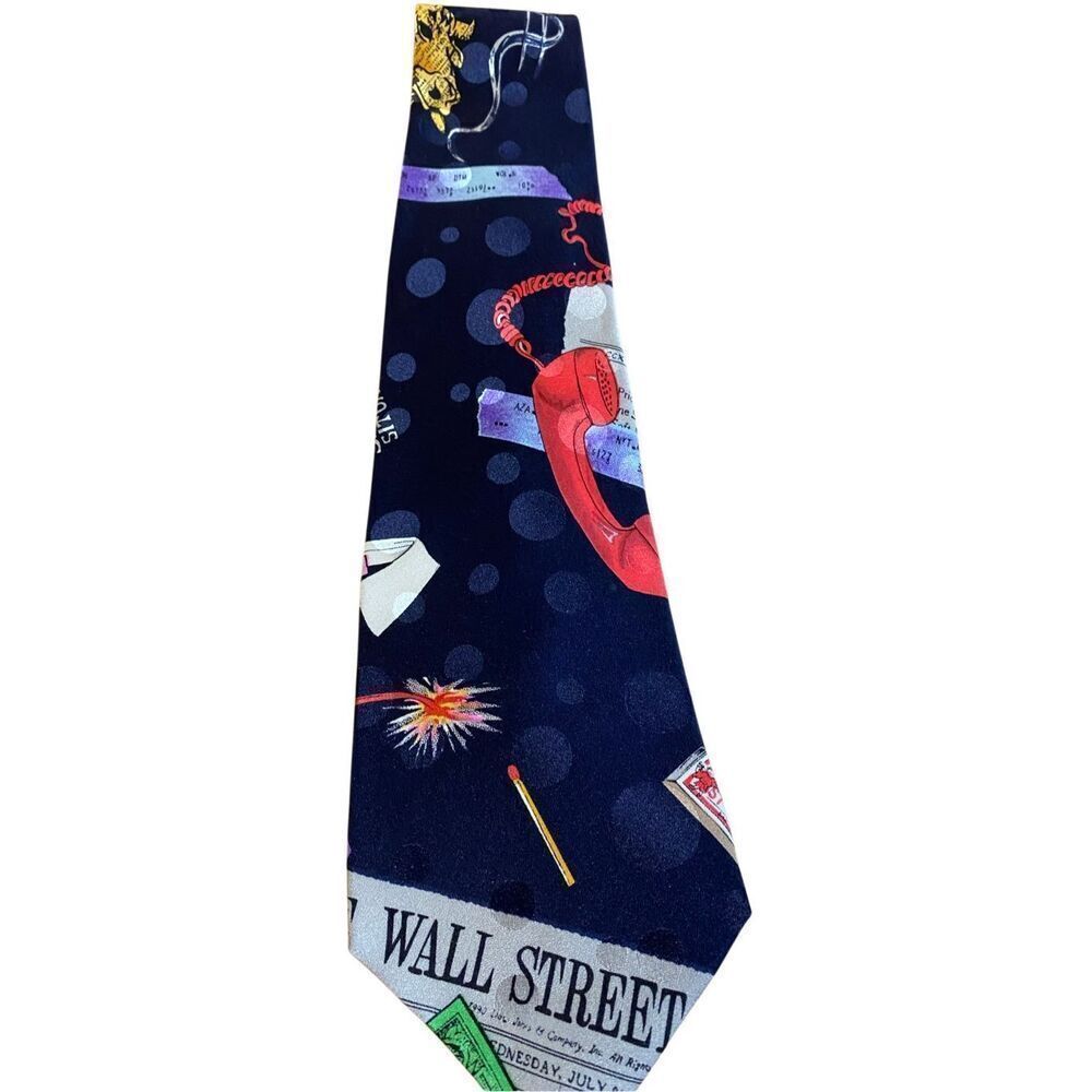 Nicole Miller vintage 1990 Wall Street Journal stock trader 100% silk blue tie,